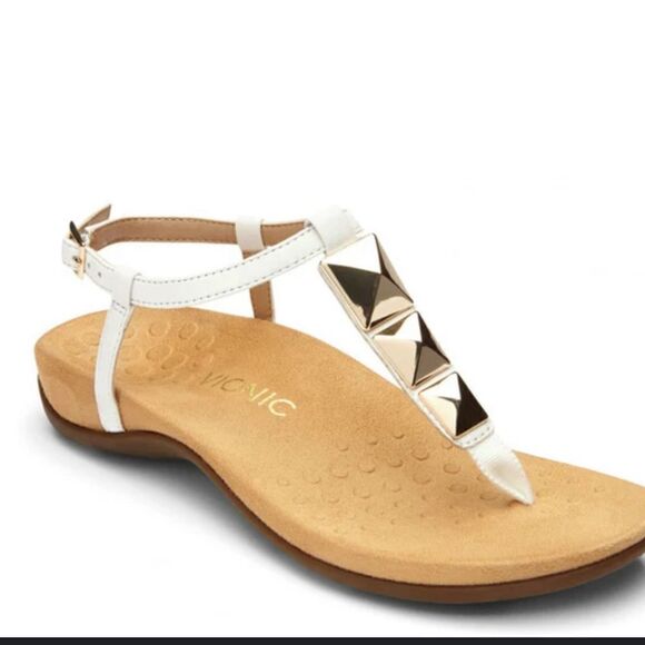 Vionic Nala white T strap Sandals with geometric gold tone studs accent SZ9 - Picture 1 of 7